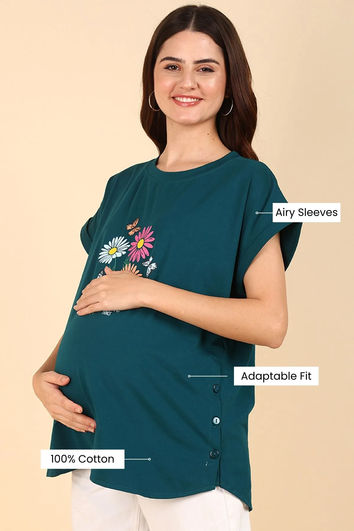 Bottle Green 100% Soft Cotton Zipless Maternity Feeding Top