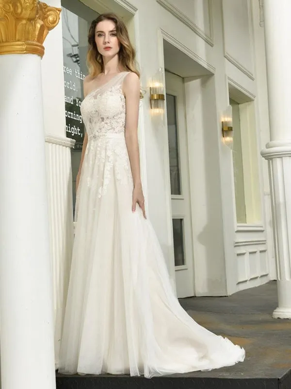 Bridal Dress 2021 One Shoulder Sleeveless Buttons Bridal Dresses With Train