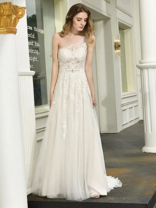 Bridal Dress 2021 One Shoulder Sleeveless Buttons Bridal Dresses With Train