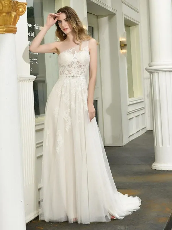 Bridal Dress 2021 One Shoulder Sleeveless Buttons Bridal Dresses With Train