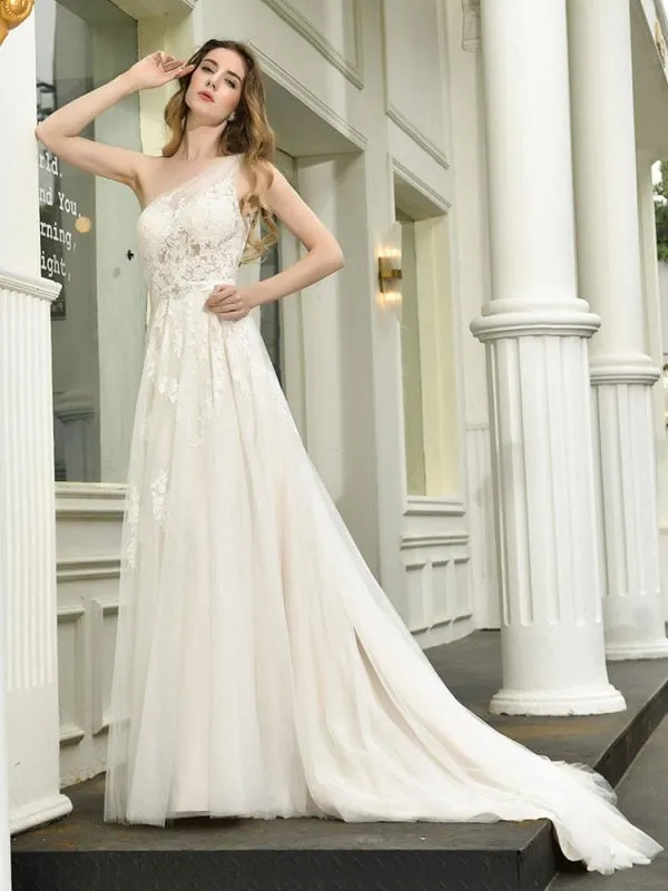 Bridal Dress 2021 One Shoulder Sleeveless Buttons Bridal Dresses With Train