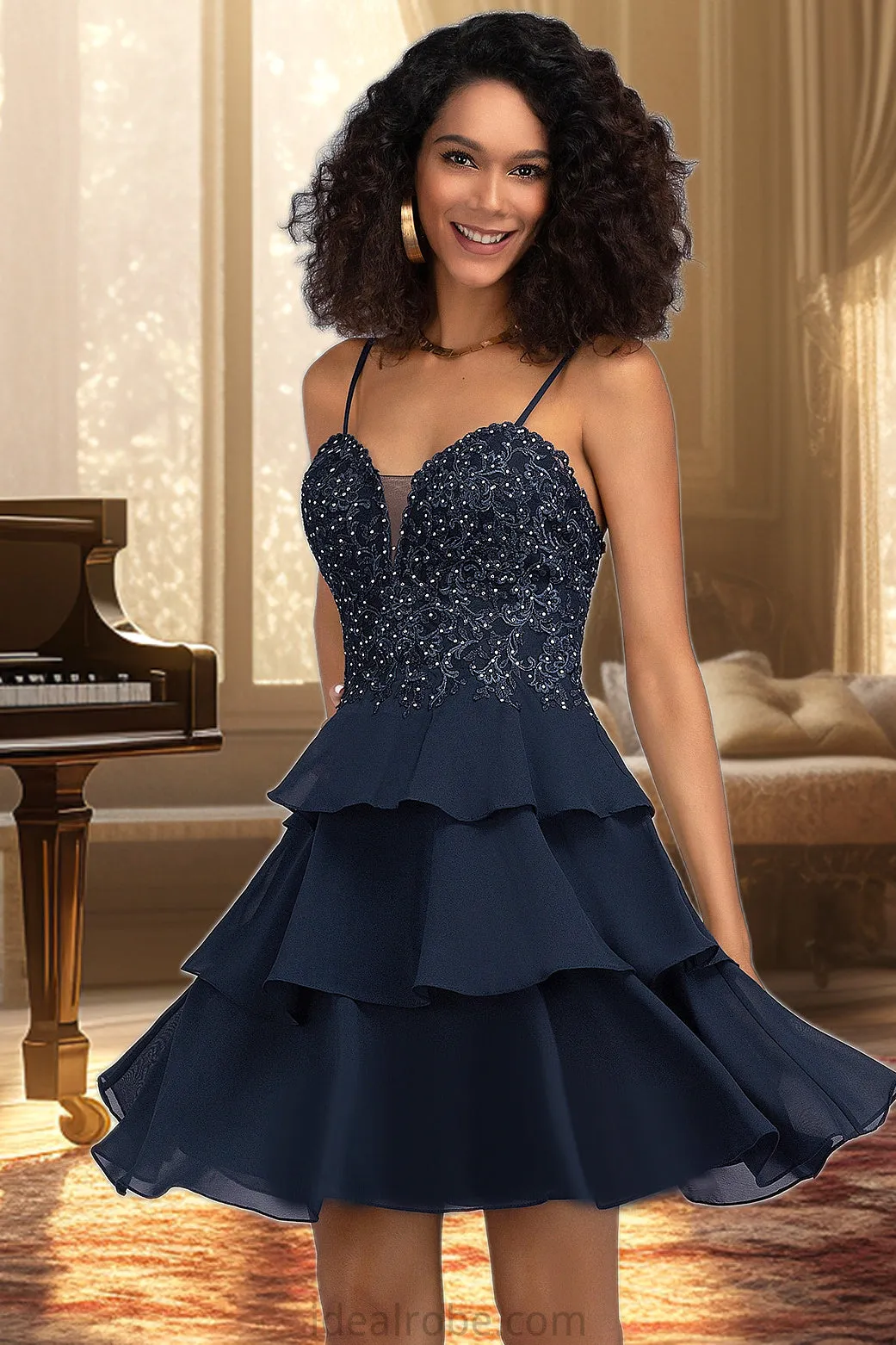 Brooklyn A-line Sweetheart Short/Mini Chiffon Lace Homecoming Dress With Beading Sequins STKP0020576