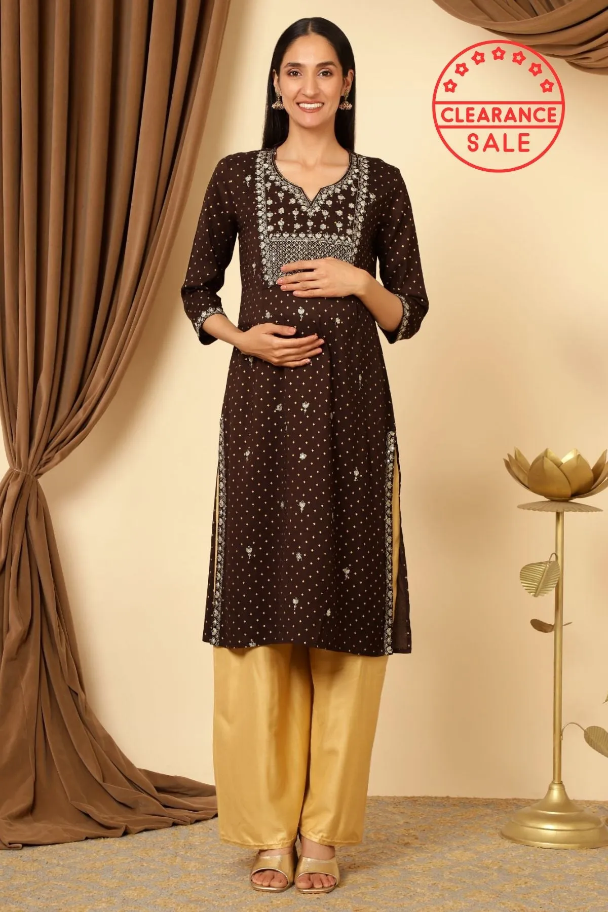 Brown sequins embroidered maternity kurti