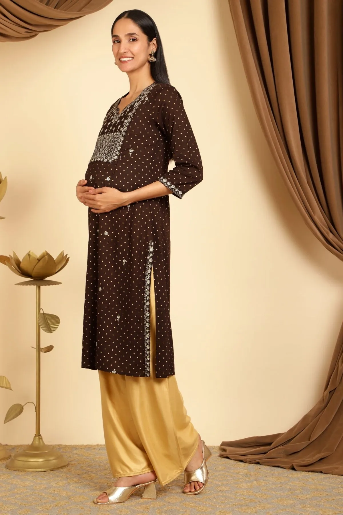 Brown sequins embroidered maternity kurti