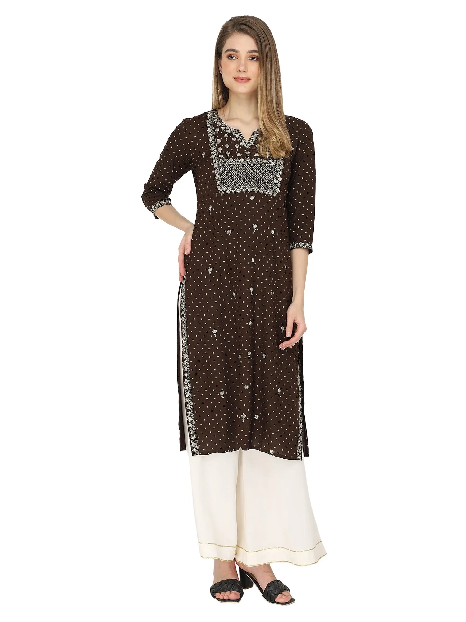 Brown sequins embroidered maternity kurti