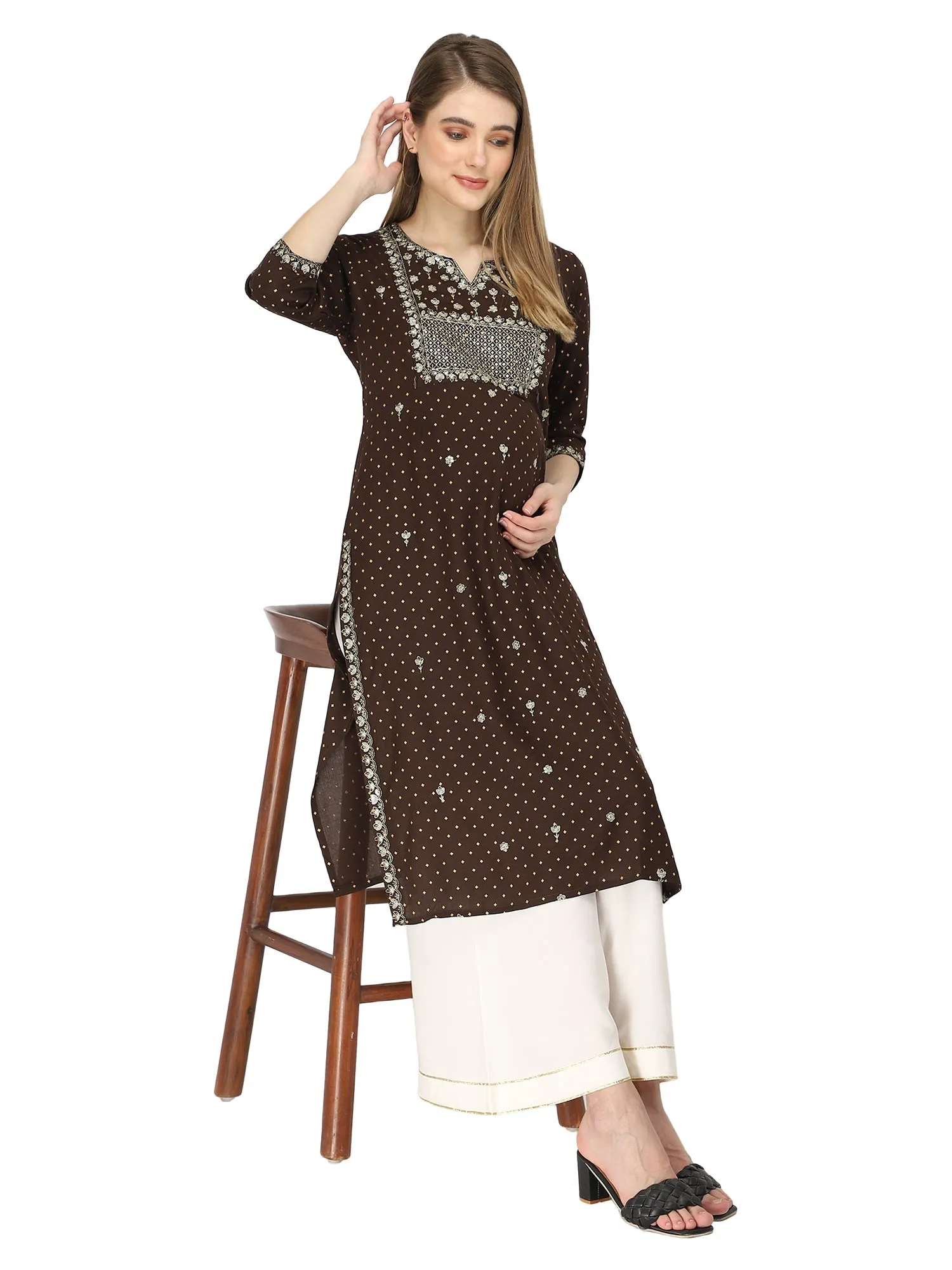 Brown sequins embroidered maternity kurti