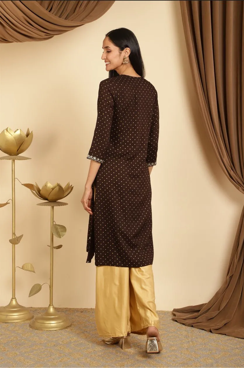 Brown sequins embroidered maternity kurti