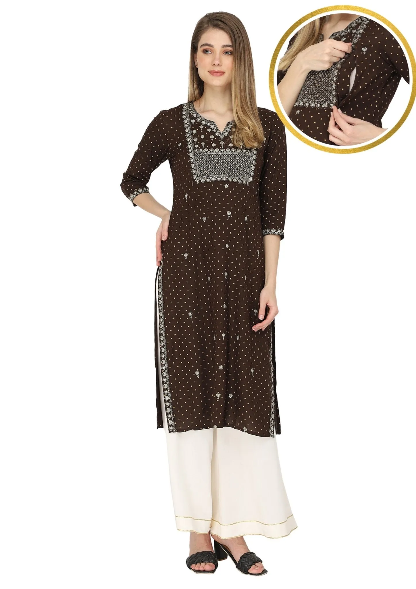 Brown sequins embroidered maternity kurti