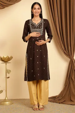 Brown sequins embroidered maternity kurti