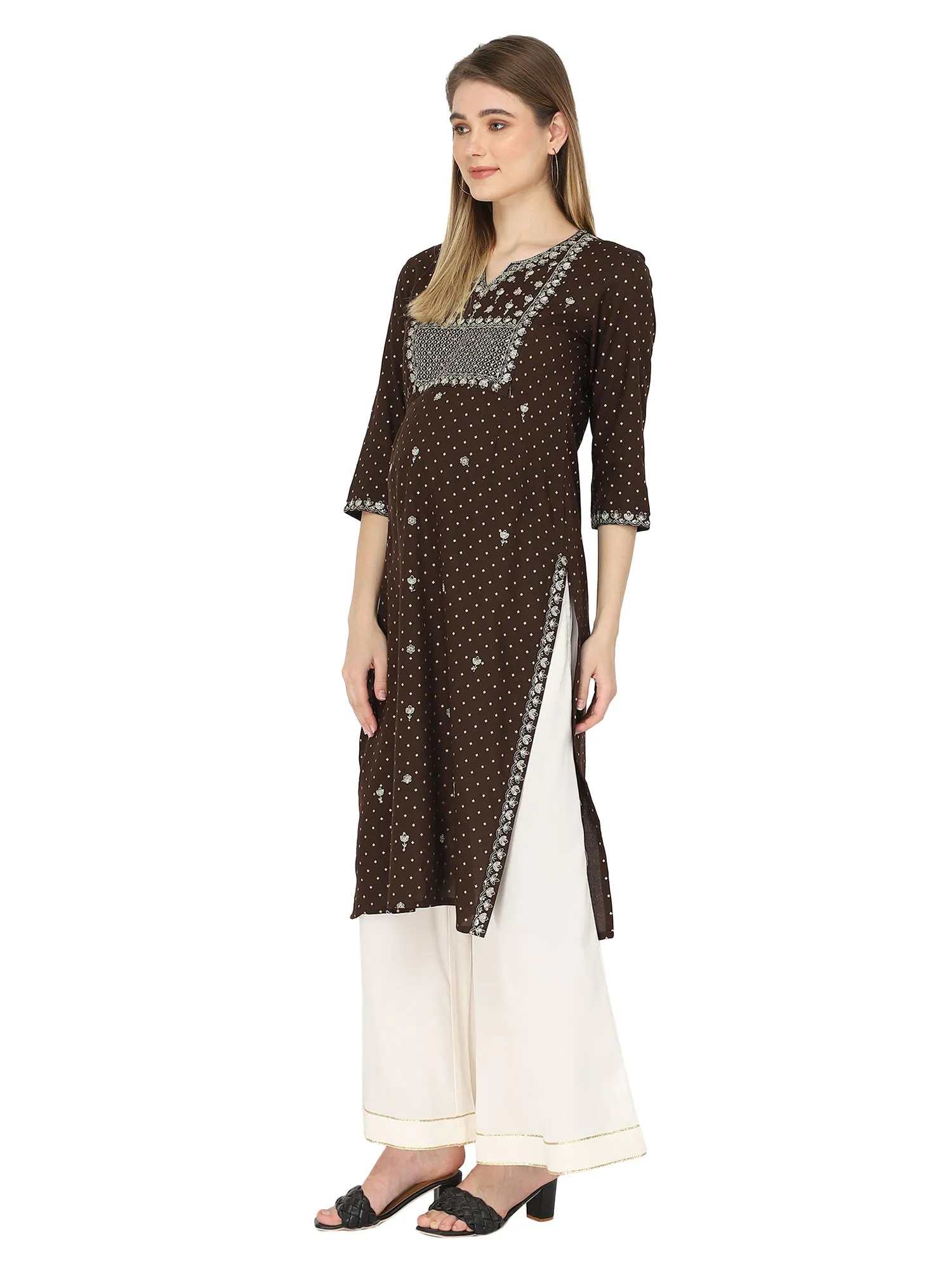 Brown sequins embroidered maternity kurti