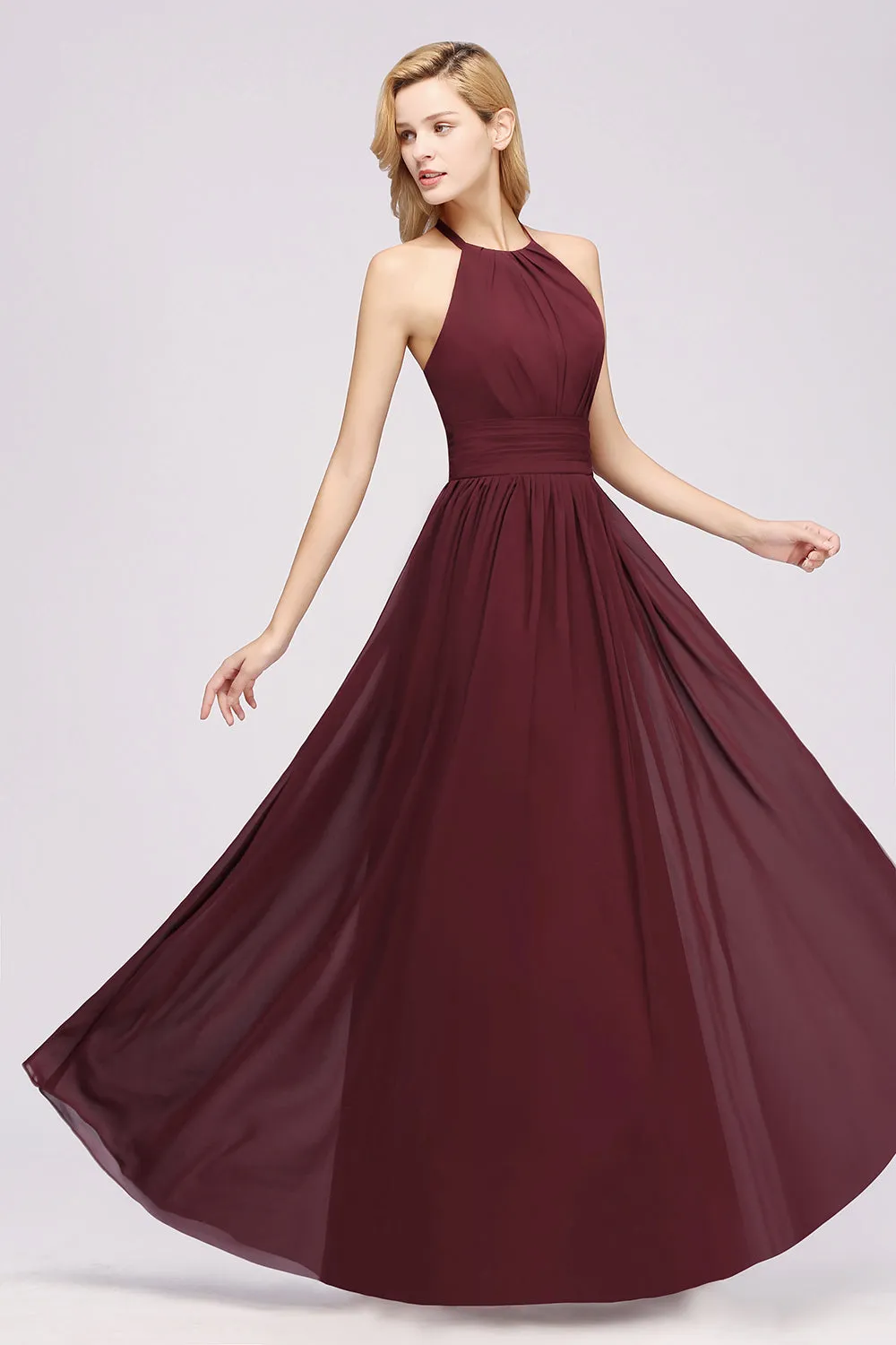 Burgundy Long A-line Chiffon Halter Bridesmaid Dresses with Ruffles