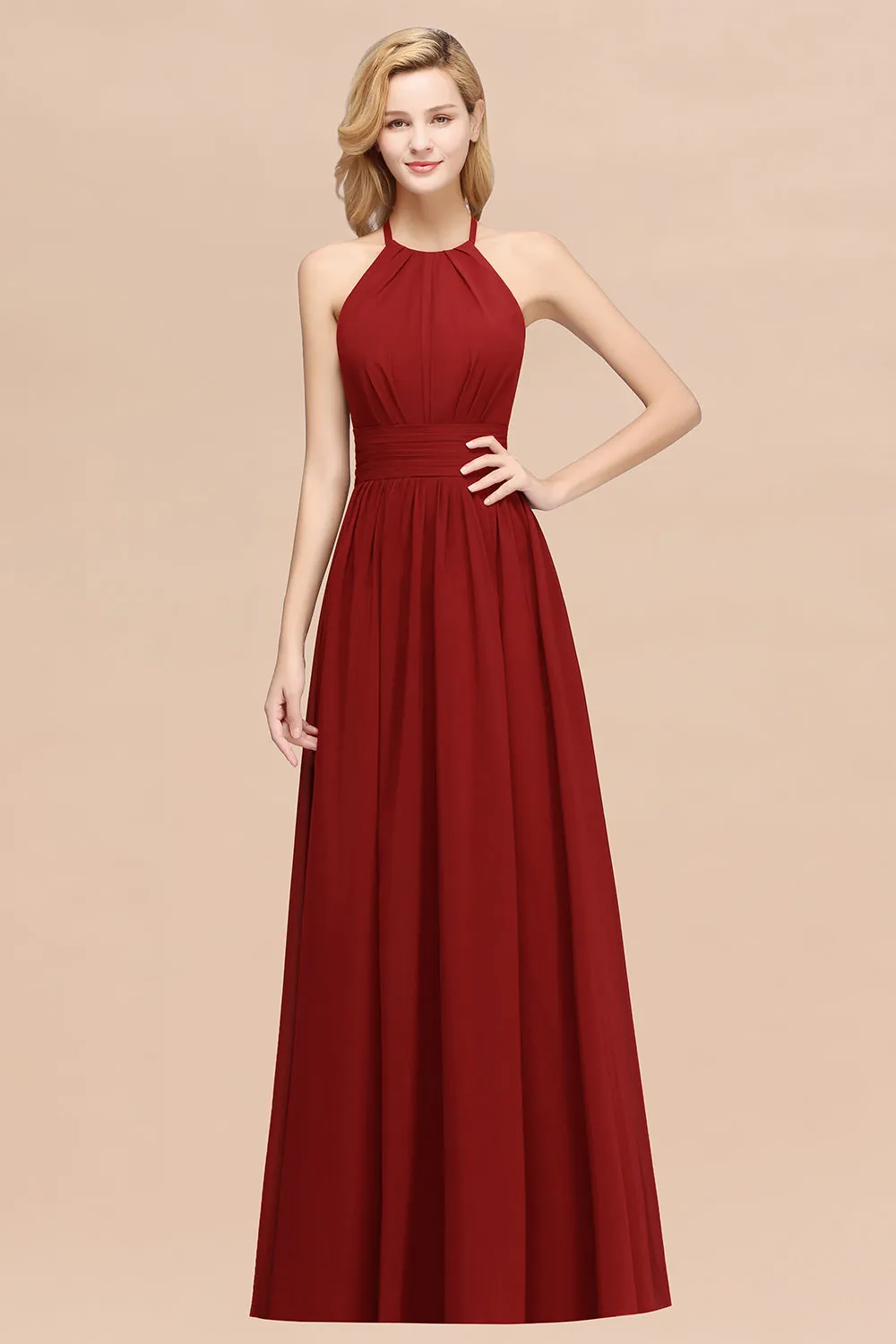 Burgundy Long A-line Chiffon Halter Bridesmaid Dresses with Ruffles