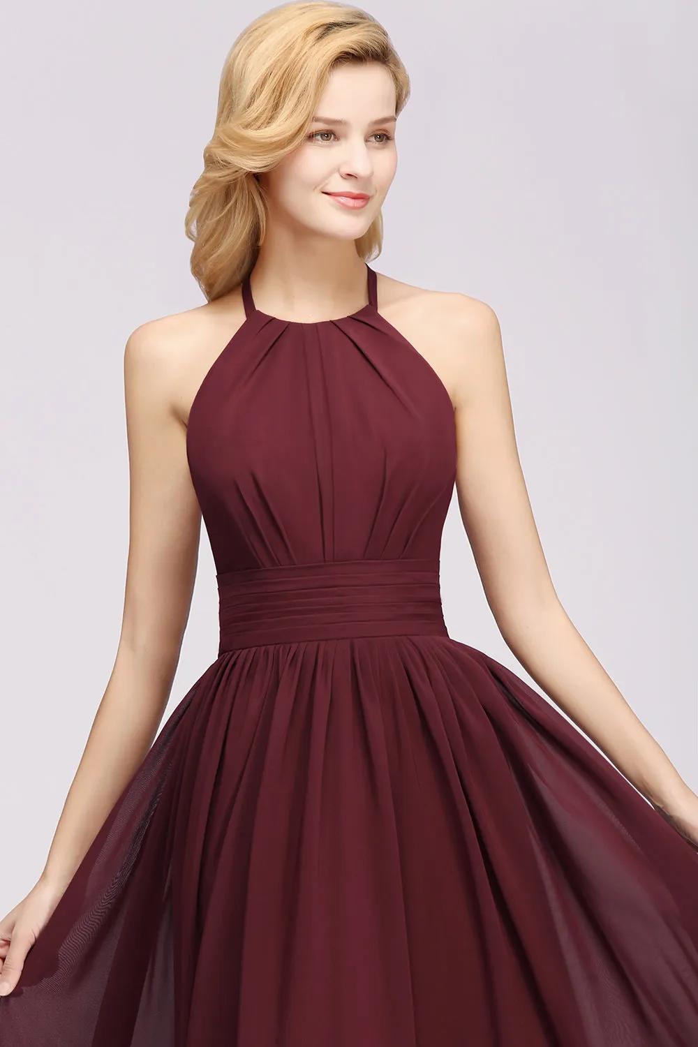 Burgundy Long A-line Chiffon Halter Bridesmaid Dresses with Ruffles