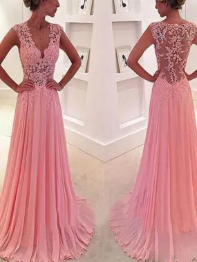 Charming A-line Pink See Through Lace Back V-neck Unique Junior  Popular Prom Party Dresses. DB1014