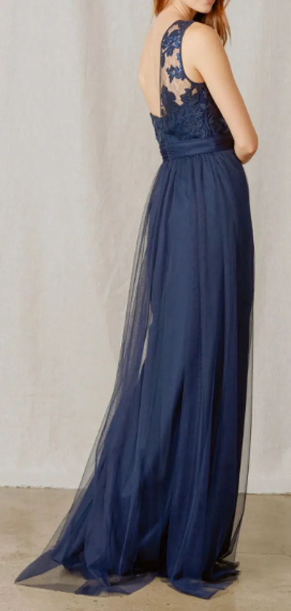 Charming Asymmetric Tulle With Appliques Long Bridesmaid Dresses.DB10652