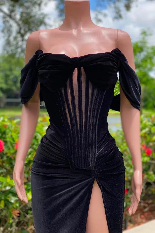 Charming Black Long Mermaid Off the Shoulder Velvet Prom Dress with Slit