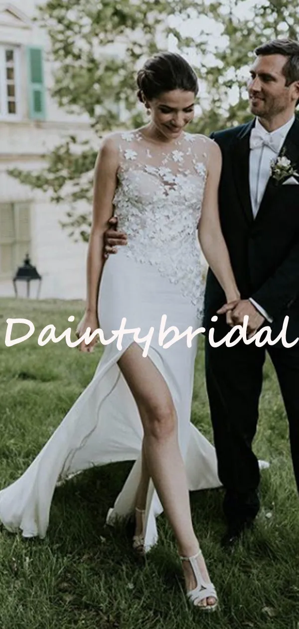 Charming See-through Tulle Side Slit Simple Open Back Wedding Dresses, DB10732