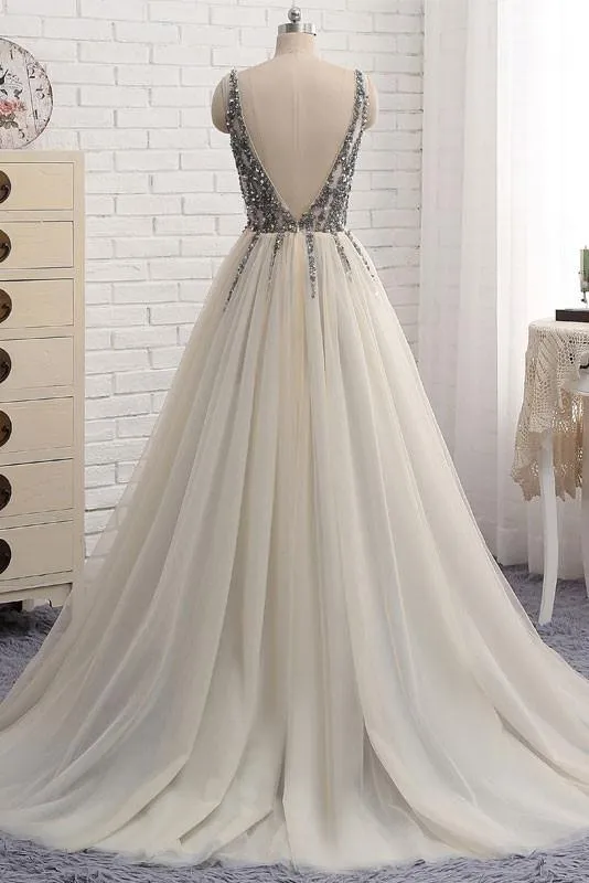 Chic Silver Prom Dress Vintage V Neck Tulle Beading Prom Dress #ER517