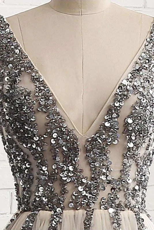 Chic Silver Prom Dress Vintage V Neck Tulle Beading Prom Dress #ER517