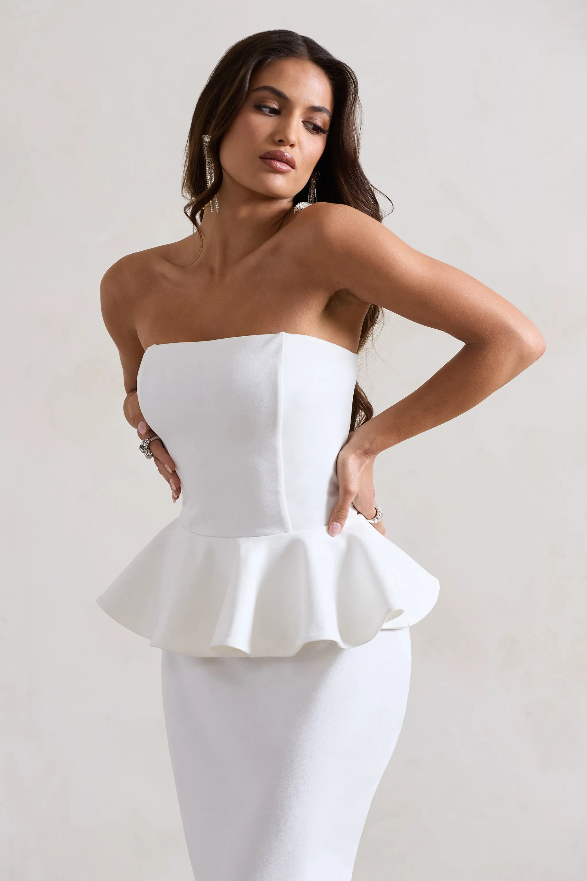 Chicago | White Bodycon Bandeau Midi Dress With Peplum Detail