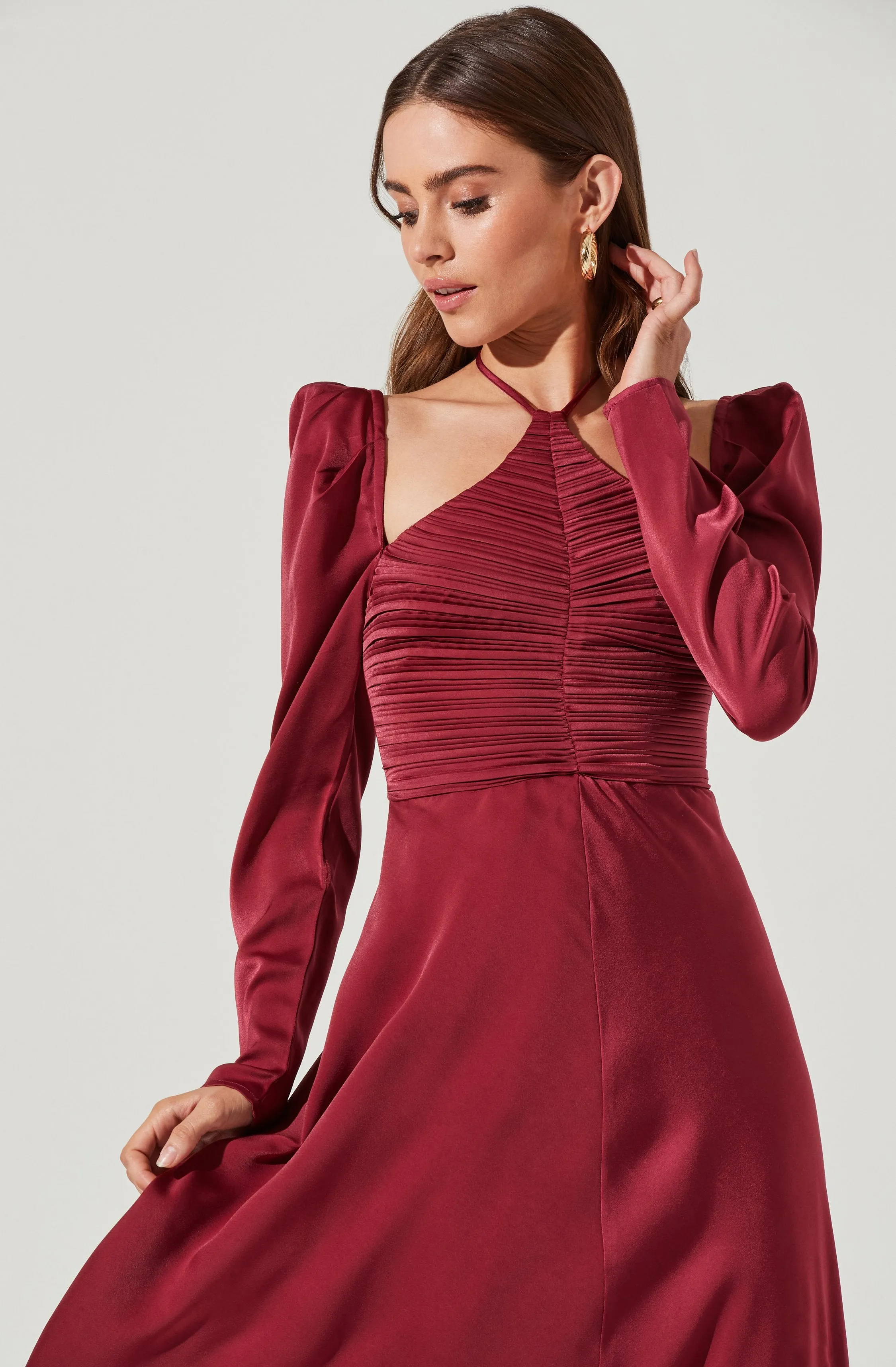 Cinched Halter Tie Satin Midi Dress