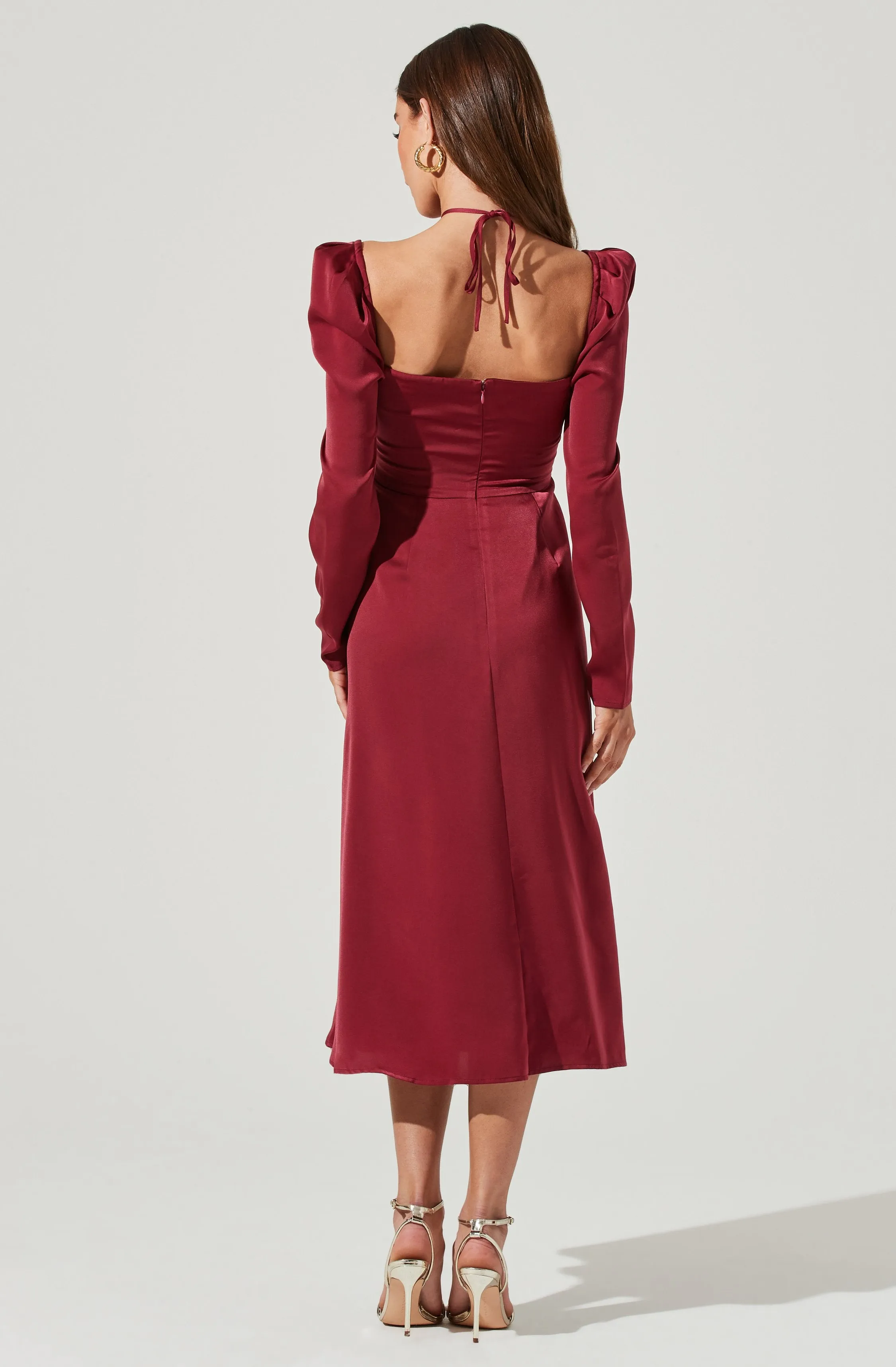 Cinched Halter Tie Satin Midi Dress