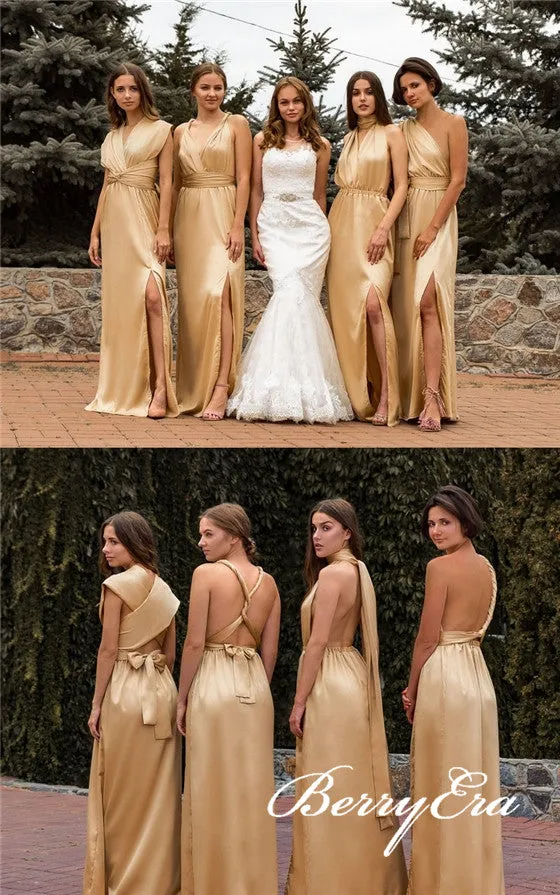 Convertible Long Sheath Gold Elastic Satin Bridesmaid Dresses, Long Bridesmaid Dresses, Bridesmaid Dresses