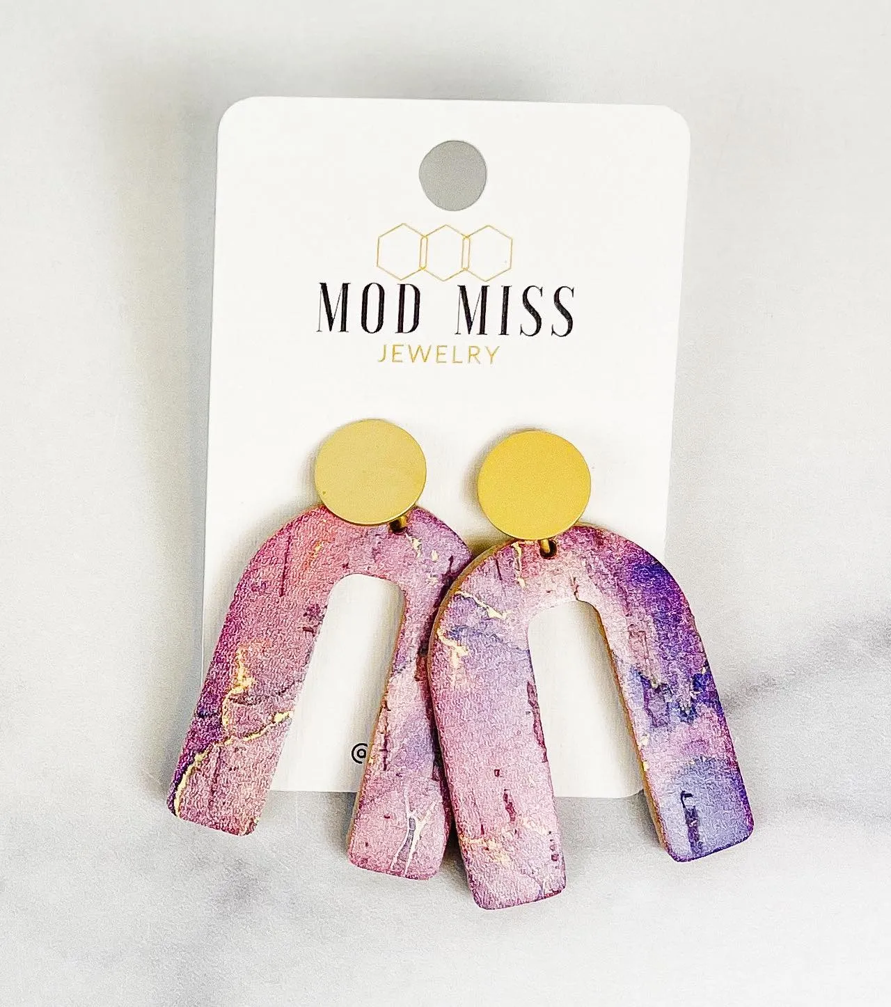 Cork Leather Arch Earring Marbled Purple