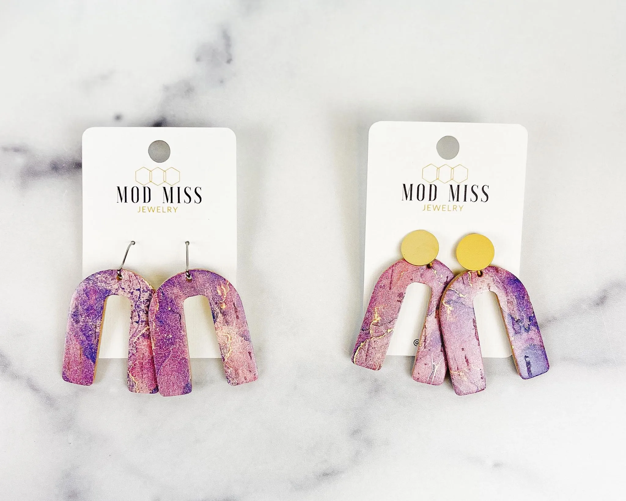 Cork Leather Arch Earring Marbled Purple