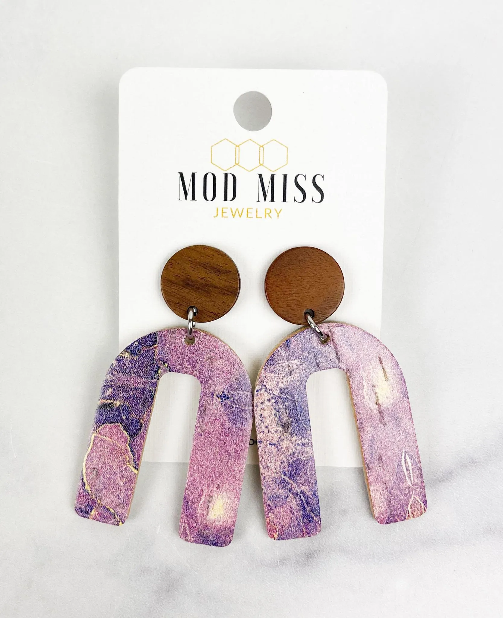 Cork Leather Arch Earring Marbled Purple