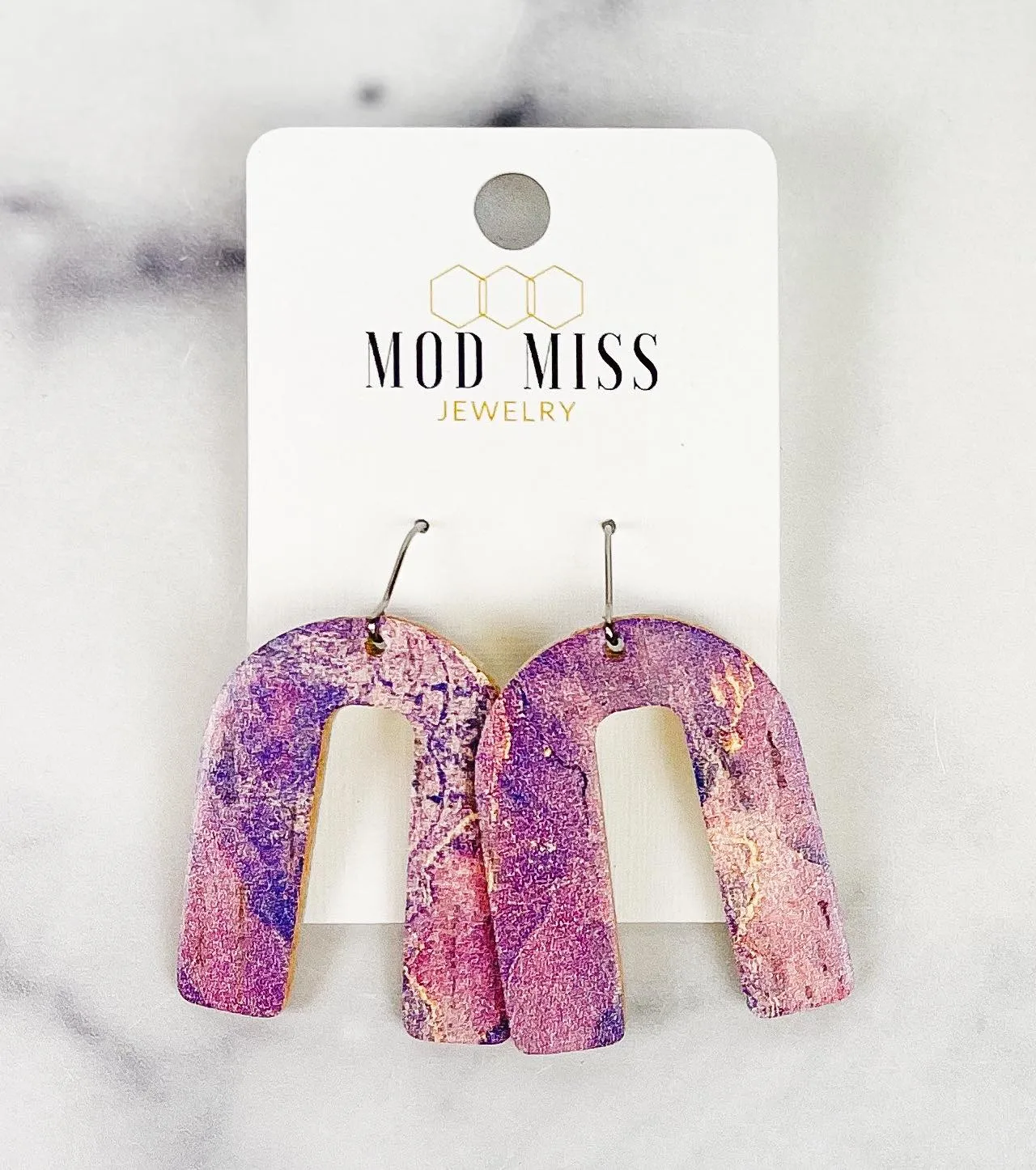 Cork Leather Arch Earring Marbled Purple