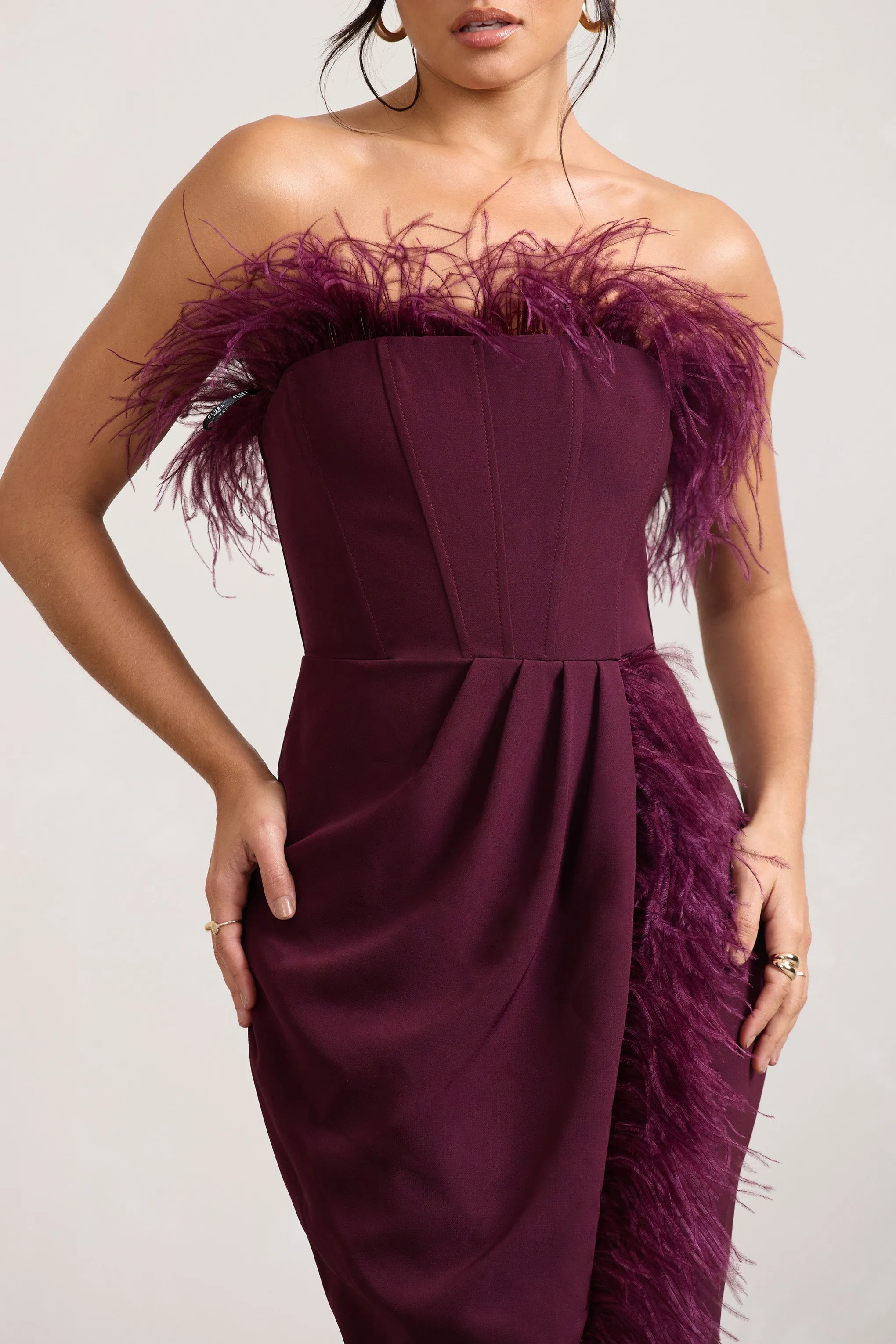 Burgundy Feather Bandeau Corset Maxi Dress with Split - Cosmo