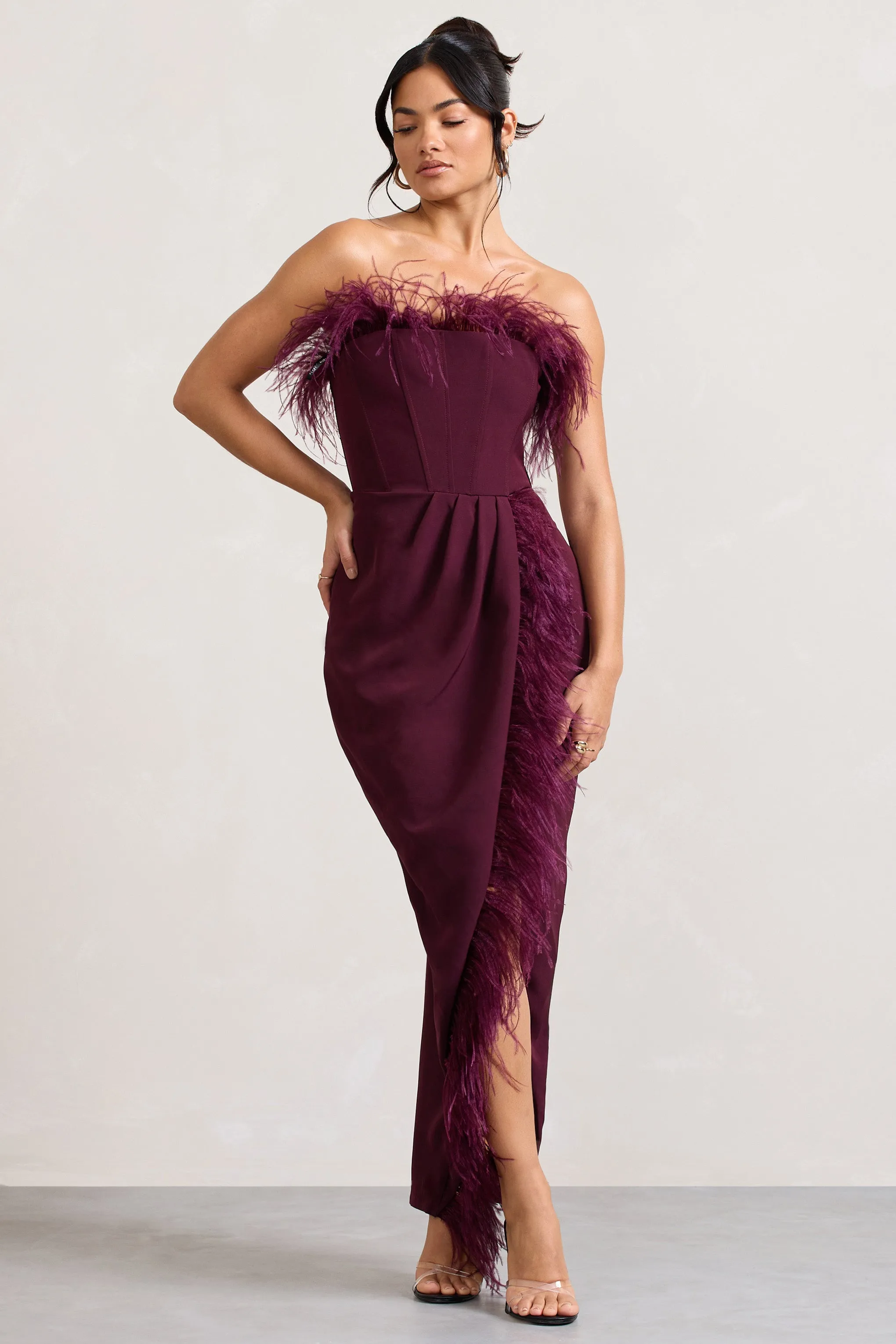 Burgundy Feather Bandeau Corset Maxi Dress with Split - Cosmo