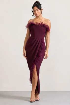 Burgundy Feather Bandeau Corset Maxi Dress with Split - Cosmo