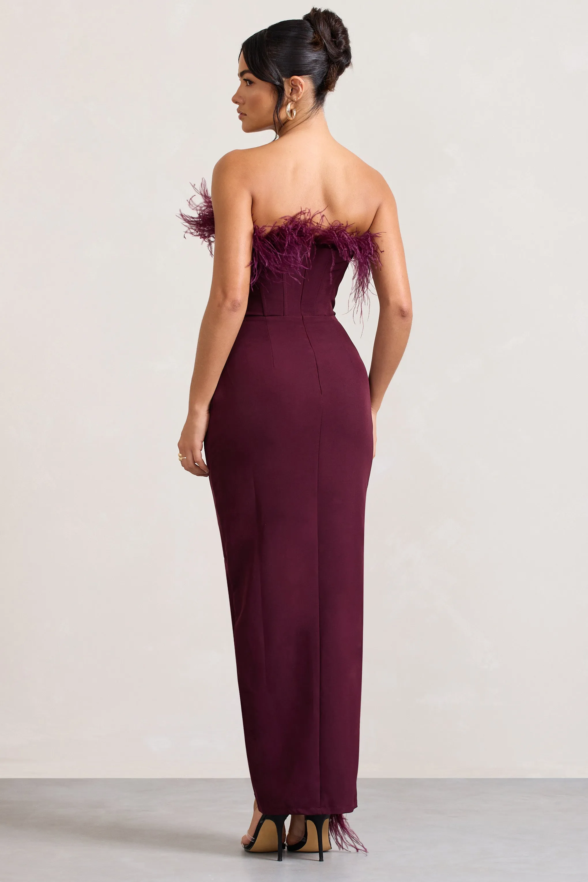 Burgundy Feather Bandeau Corset Maxi Dress with Split - Cosmo