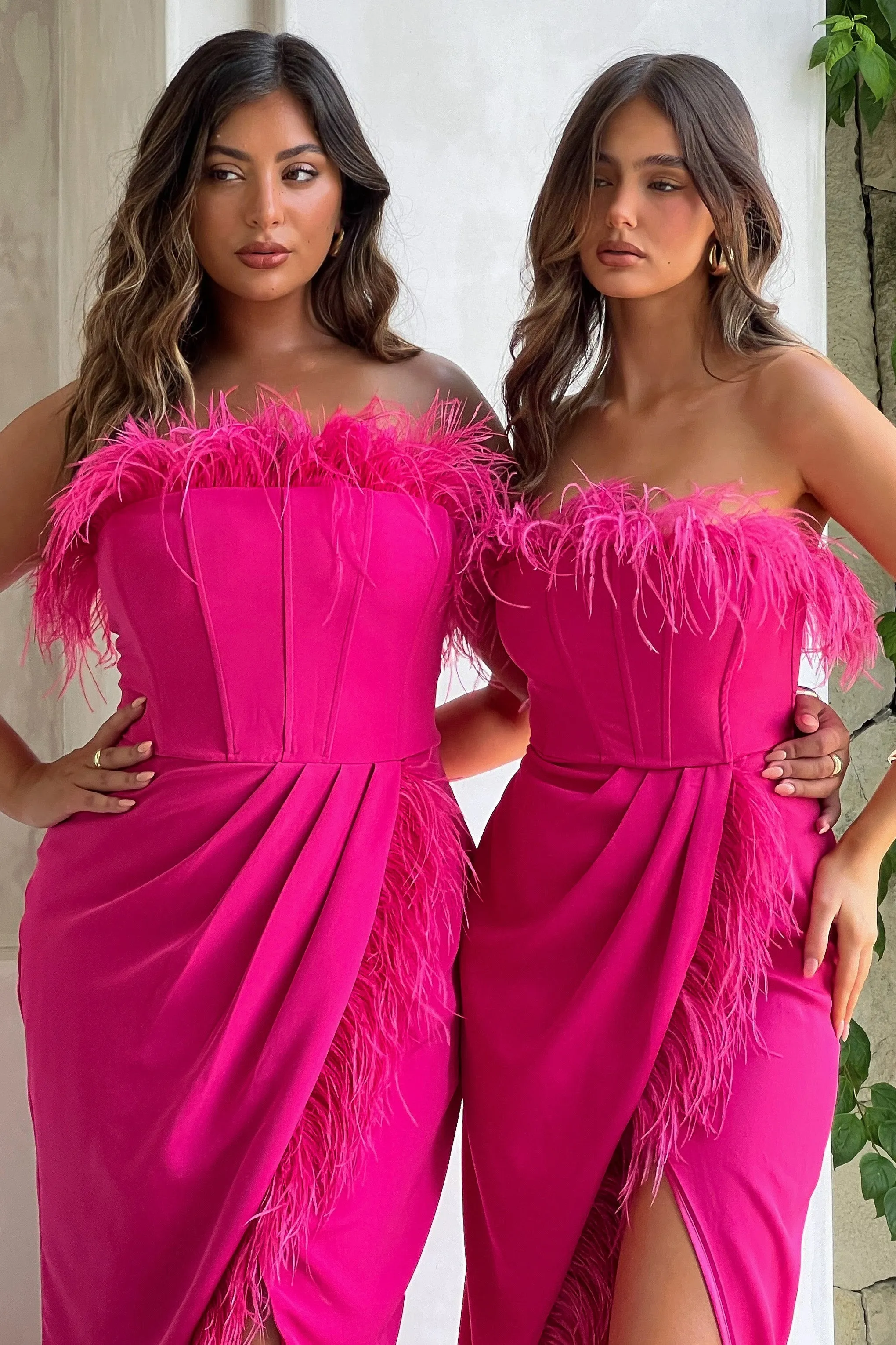 Cosmo | Hot Pink Bandeau Corset Maxi Dress With Feather Trim