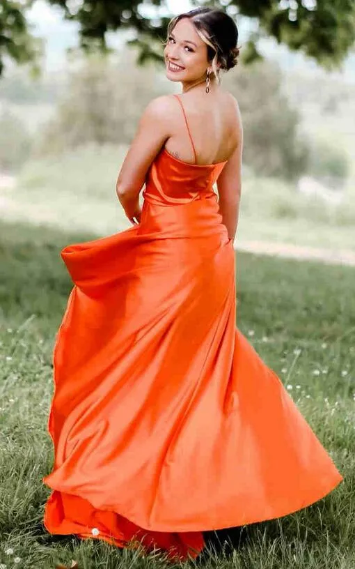 Cowl Neck Satin Long Prom Dress with Slit