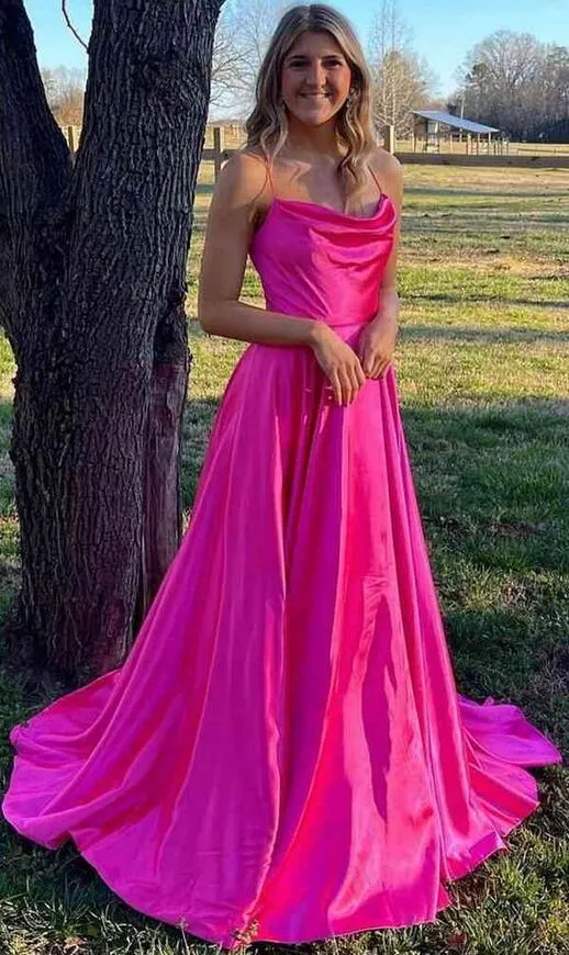 Cowl Neck Satin Long Prom Dress with Slit