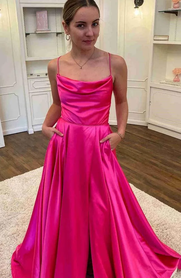 Cowl Neck Satin Long Prom Dress with Slit