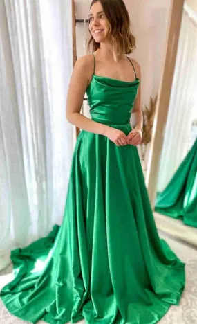 Cowl Neck Satin Long Prom Dress with Slit