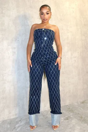 Cross Me Out Rhinestone Denim Jumpsuit