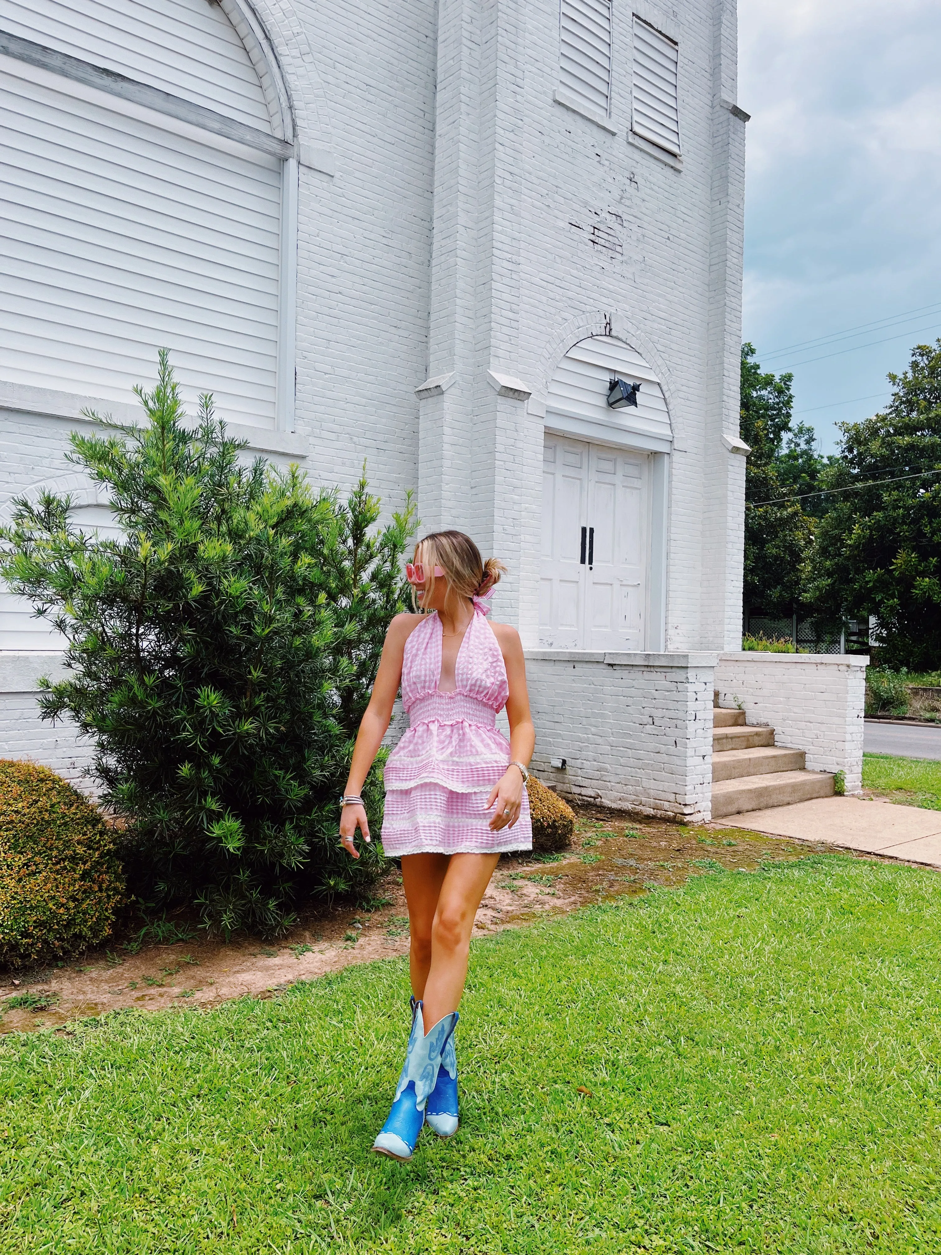 Cross Neck Halter Dress - PINK GINGHAM