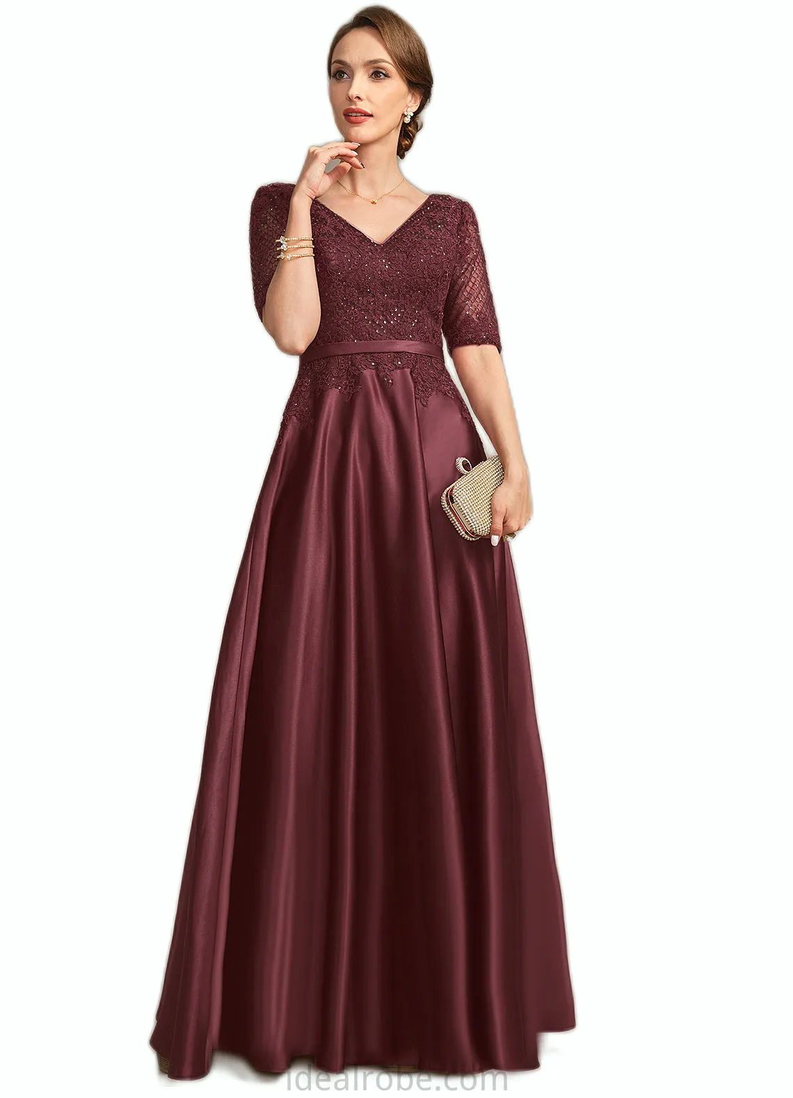 Deborah A-line V-Neck Floor-Length Lace Satin Mother of the Bride Dress With Sequins STKP0021803