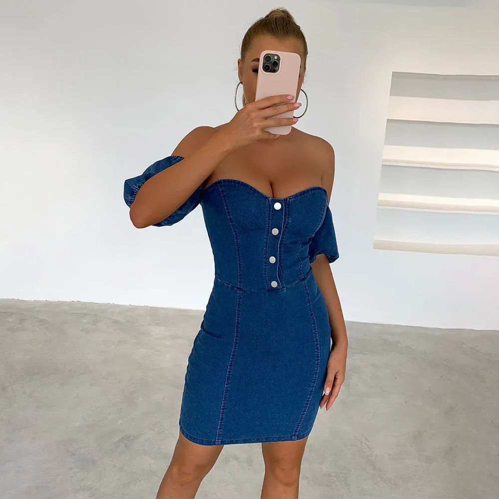 Denim Puff Sleeve Square Collar Mini Dresses