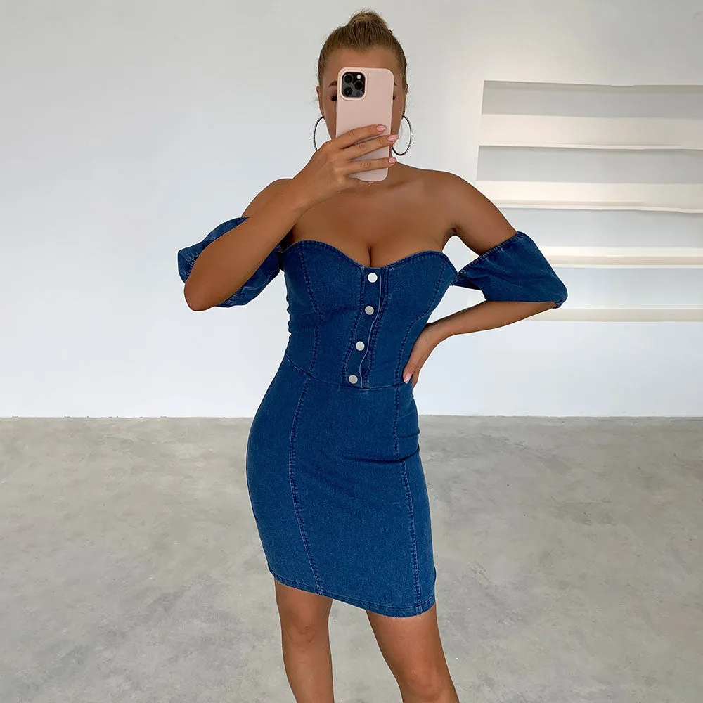 Denim Puff Sleeve Square Collar Mini Dresses