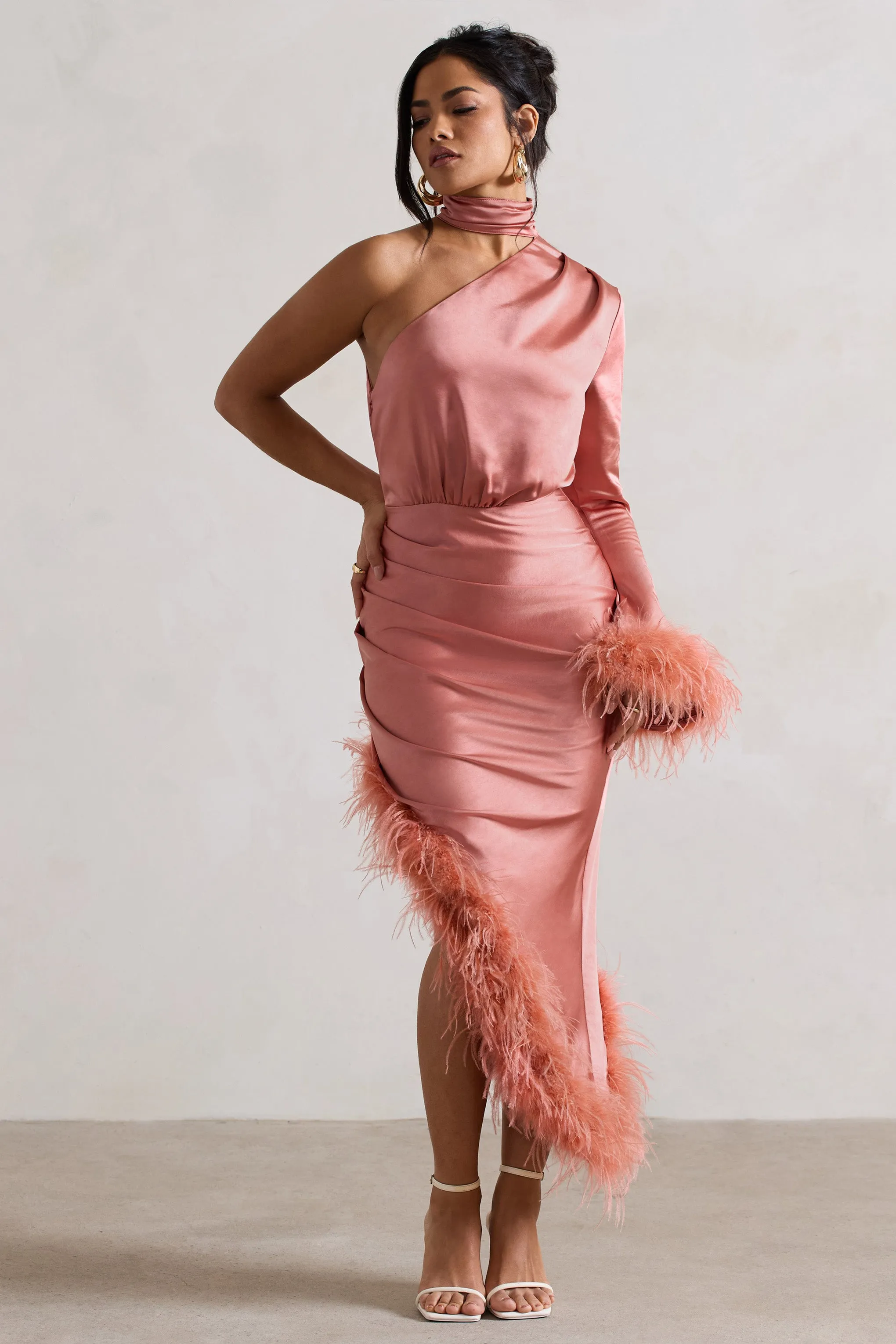 Dolce | Coral Satin Asymmetric One Sleeve Maxi Dress With Feather Trims