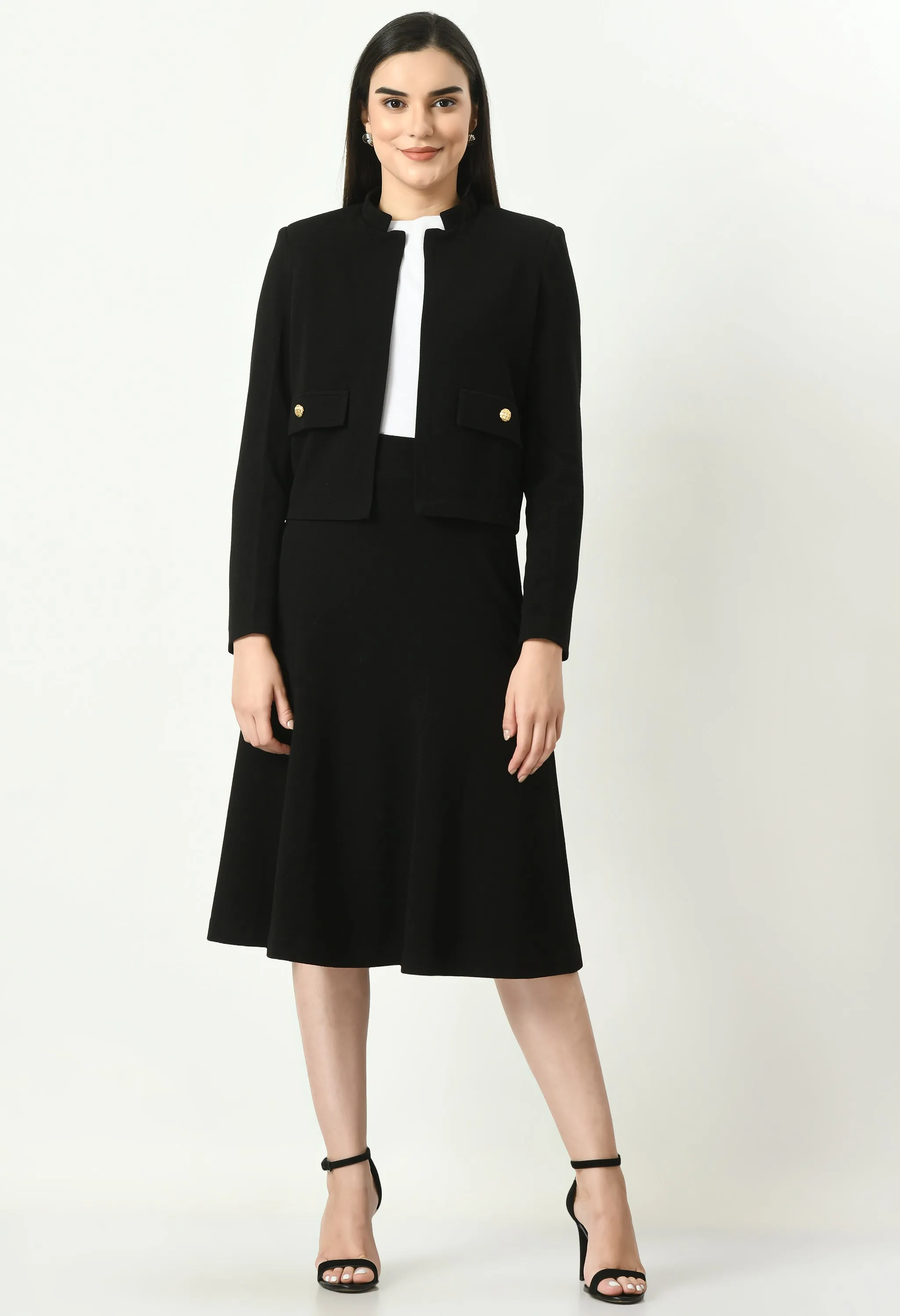 Exude Exuberant Mandarin Collar Blazer with Midi A-line Skirt (Black)