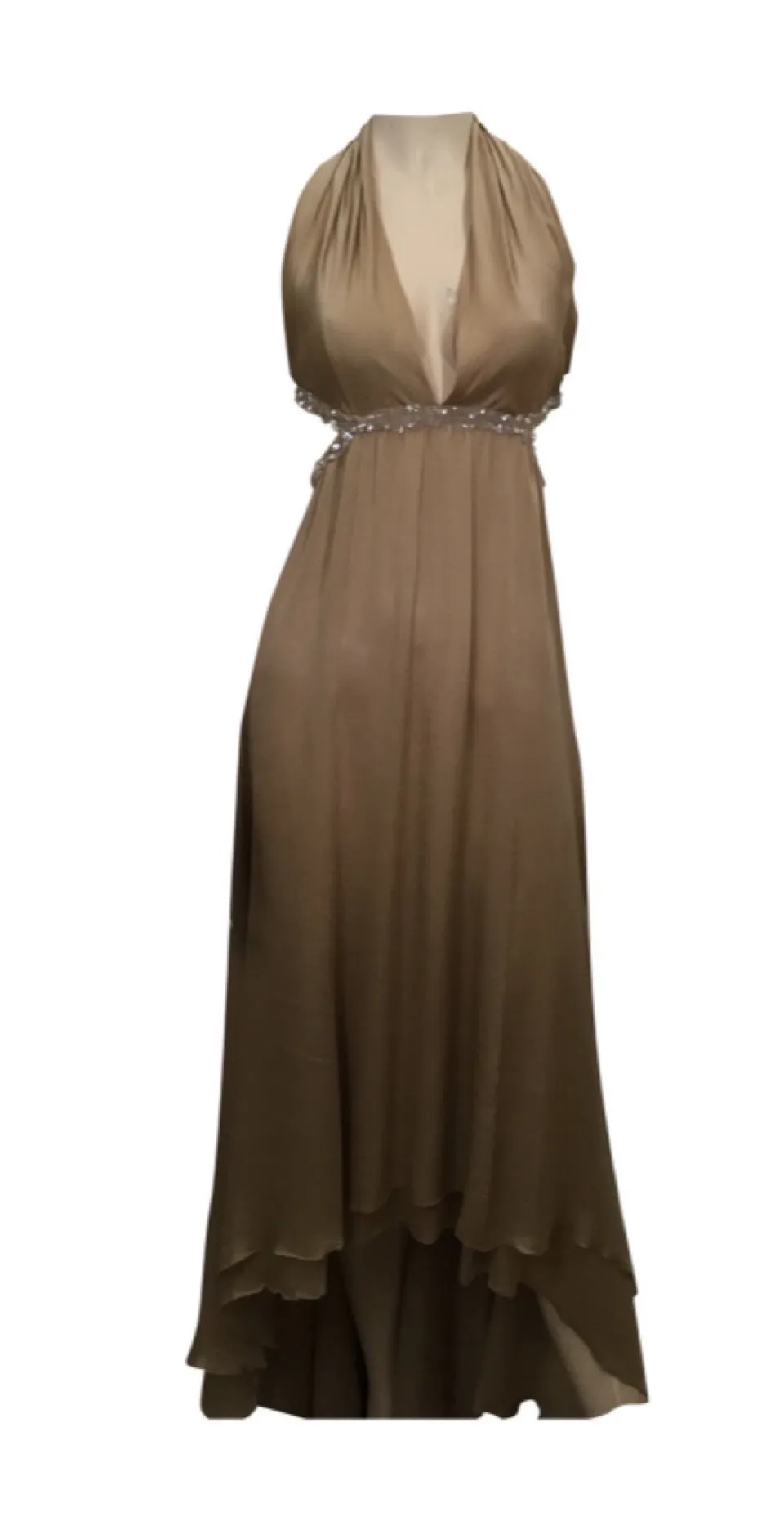 Frisky Chanel 2003 03P Spring Vintage Beige Sequin Halter Backless Long Chiffon Silk gown FR 38 US 4