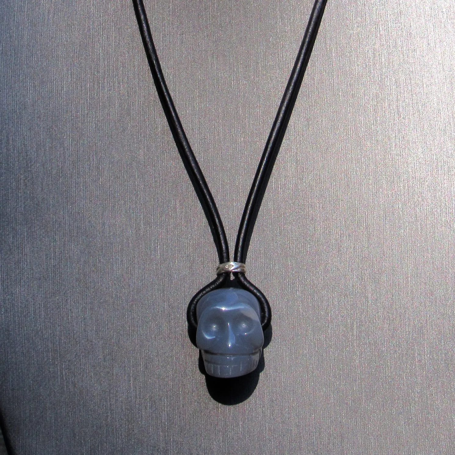 Genuine Gemstone Skull with Sterling Silver on genuine Leather Necklace