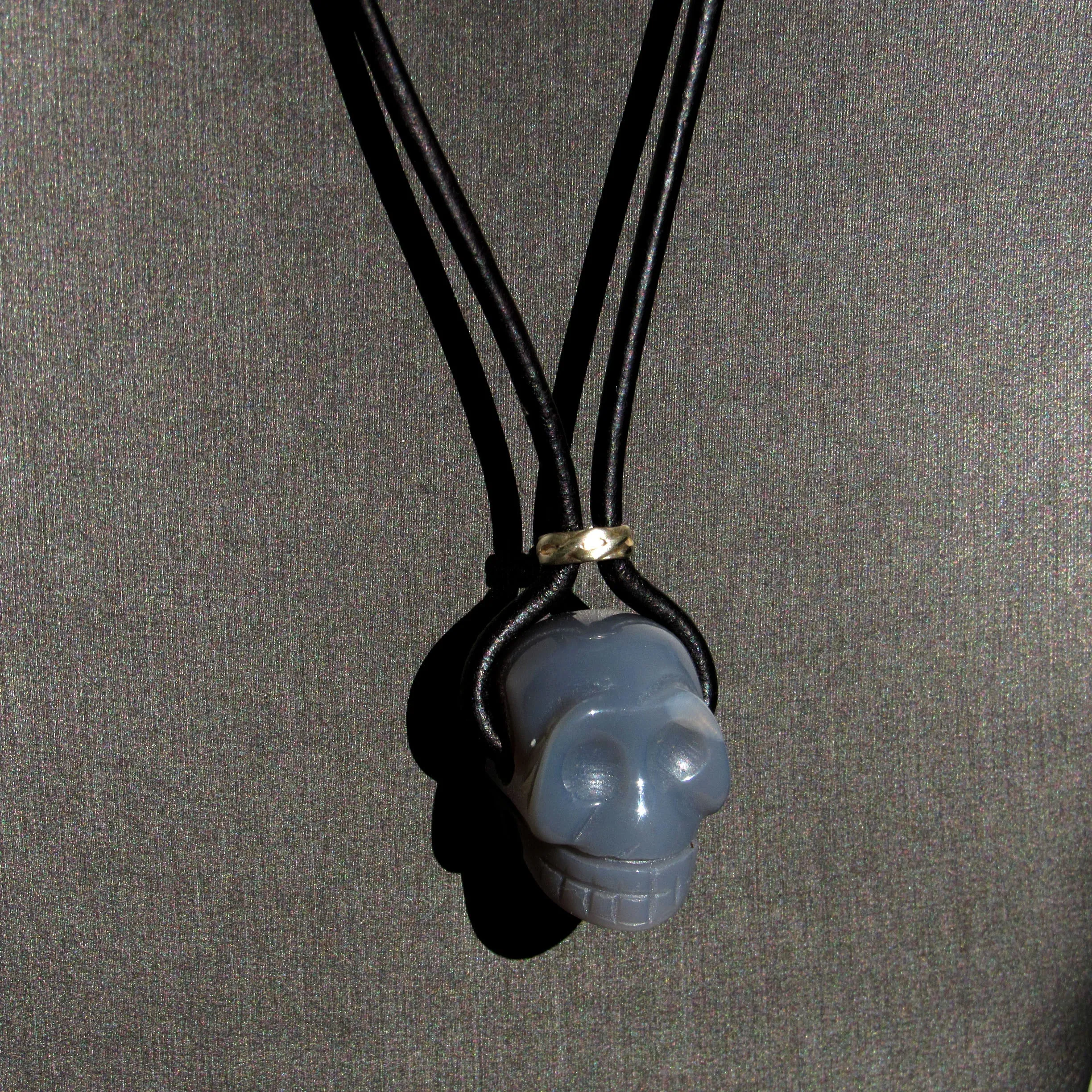 Genuine Gemstone Skull with Sterling Silver on genuine Leather Necklace